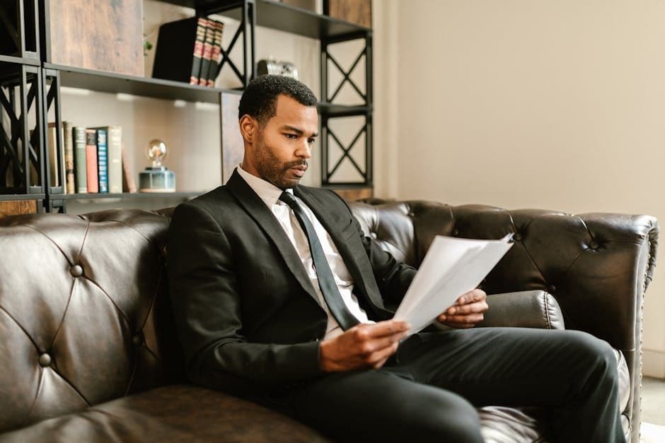 A senior executive reviewing a stack of documents at a desk