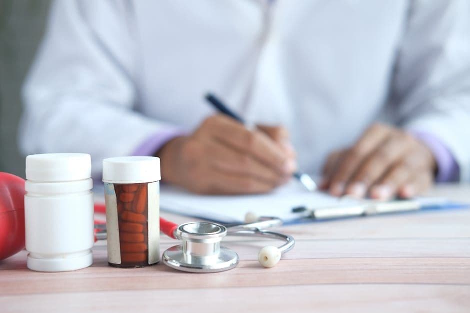 A pharmaceutical sales representative meeting with a healthcare professional in a clinical setting