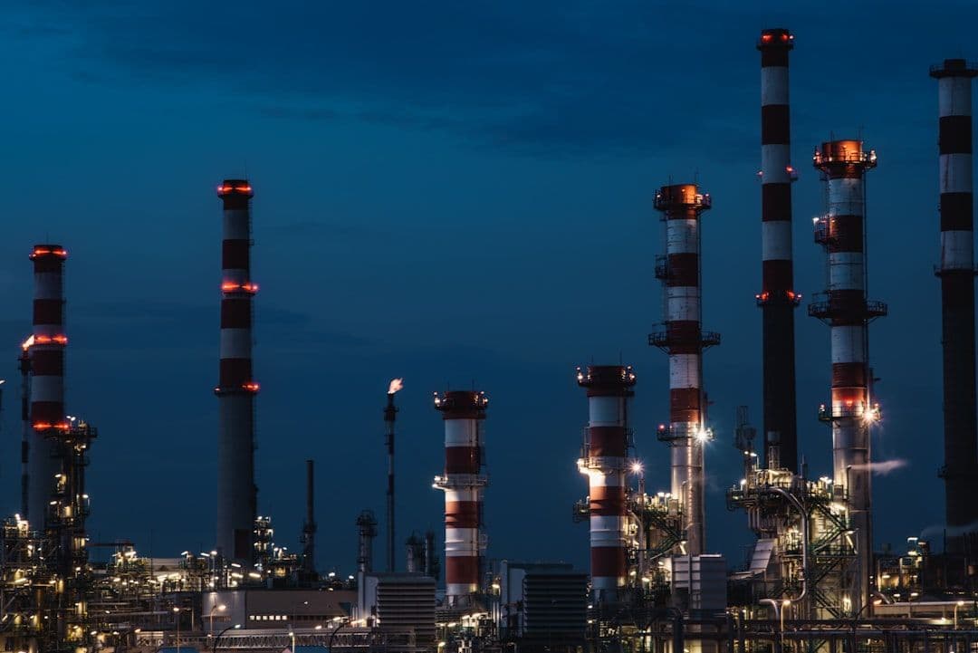 Industrial oil refinery with multiple towers