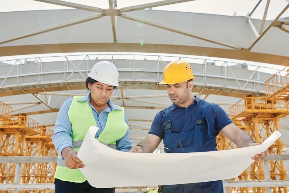A construction manager reviewing blueprints on an active job site